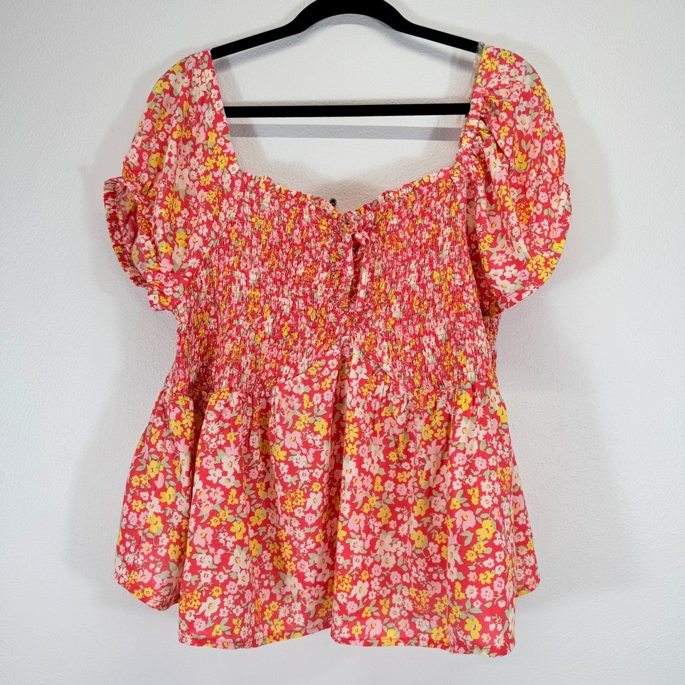 Derek Heart Floral Smocked Puff Sleeve Pink Peplum Milkmaid Boho Plus Size 2X